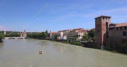 Rafting on Adige river in Verona town, Italy, Europe