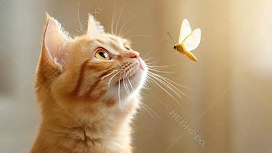 A cat looking up at a butterfly flying by, AI