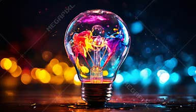 Colorful splashes inside light bulb on dark background