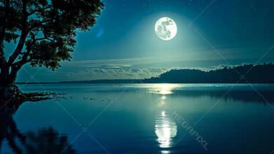 Full moon reflecting on calm lake water at night