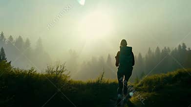 One with nature: A lone female hiker walks through a misty forest, enjoying the morning freshness.