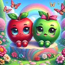 A pair of cute apples, big eyes, sitting on a colorful stone, at a flower garden, with butterfly and rainbow, disney, cartoon