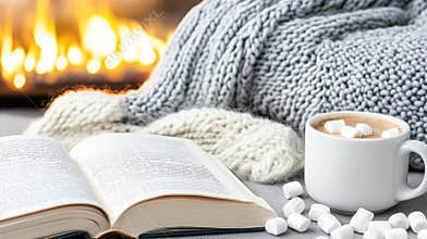 A crackling fire illuminates the room, surrounded by vintage travel books and steaming coffee cups, perfect for a night