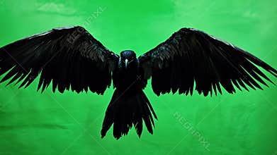 Black raven flying with spread wings on green screen