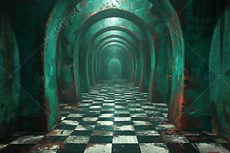 Surreal beetlejuice scene black and white checkered floors and striped walls in green light