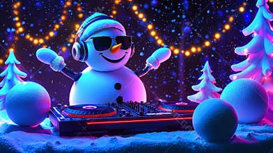 Snowman dj with sunglasses and headphones mixes music at a lively christmas party, creating a fun and festive atmosphere