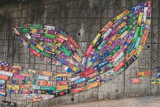 Wall art made of painted wooden fish in Busan Culture Village in Busan, Korea