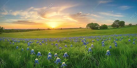 Green field with tall grass and bluebonnets flowers. Orange and yellow sunset sky with warm glow. Serene landscape from bird eye