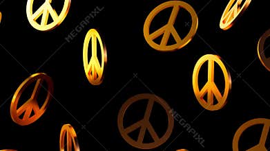 A 3D animation of scattered gold peace symbol.