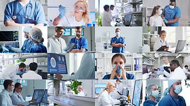 Collection of images featuring medical professionals and scientist in lab and surgery, highlighting teamwork, innovation