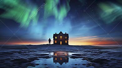 Iceland Aurora Sunrise Sky A Person and A House Loop Generative AI