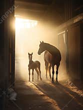 Domestic animals silhouette. Farm lifestyle concept. A working horse and a foal stand in the darkness of a barn, with