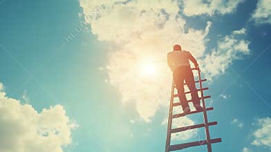 Person climbing a ladder into the sky, symbolizing the start of a new journey