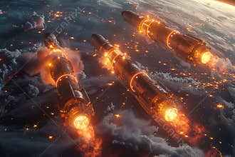 Conceptual visualization of ballistic missiles and nuclear weapons orbiting earth in space