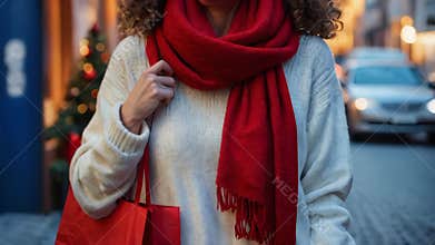 Woman adjusting red scarf holding shopping bags