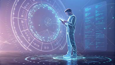 A shimmering holographic figure exeing advanced algorithms to secure communications and prioritize user privacy..