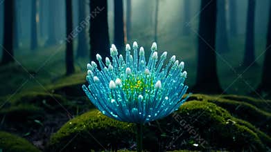 A bright blue magical flower grows in a dark mossy forest.