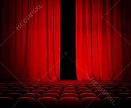 Theatre red curtain open with seats