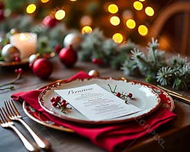 Christmas Dinner Table Setting with Red-Themed Menu and Elegant Decorations