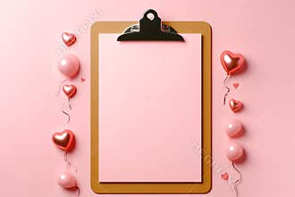 a clipboard with a blank sheet of paper attached to it, placed on a pink background. Surrounding several heart-shaped