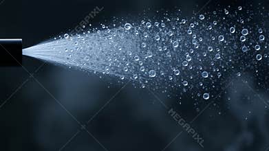 water spray with fine mist and droplets on dark background