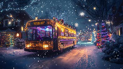 A magical bus with oversized Christmas lights hanging from it