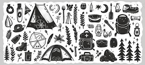 Black and White Set of Camping Adventure Essentials, Illustrated Gear and Nature Objects for Outdoor Enthusiasts