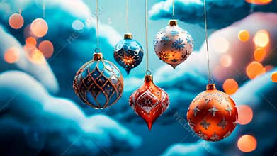 Christmas baubles hanging over blue and orange lights