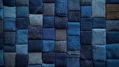 Textured blue fabric patchwork background with diverse patterns and shades