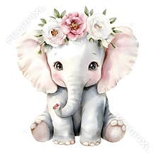 Cute Watercolor Elephant with Floral Crown Illustration   Baby Animal Art Print