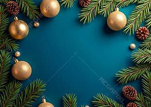 Elegant Christmas Background with Gold, Fir and Pine Cone Decor Frames - Empty Space for Text