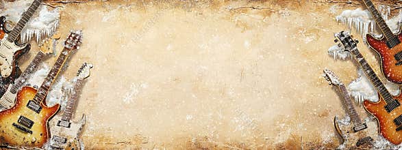Guitar frame with snow and grunge effect on brown background