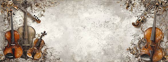 Vintage Musical Instruments in Frosty Frame on Light Gray Background