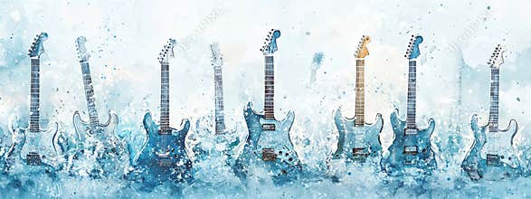 Frostcovered guitars on pastel blue watercolor background blurred edges