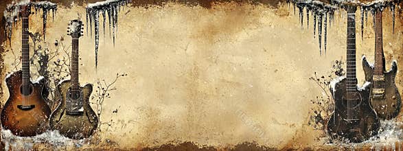 Guitar frame with snow and grunge effect on brown background