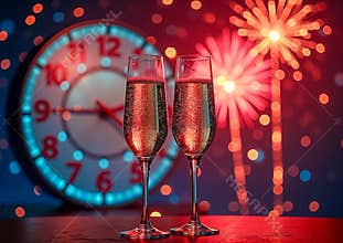 New Year Party Concept. Two Glasses Of Champagne With The Year 2025 Background And Festive Fireworks