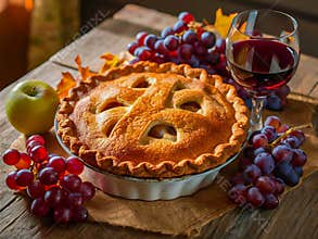 Golden Apple Pie with Red Wine on a Rustic Wooden Table thanksgiving and Christmas food