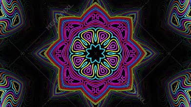 Abstract psychedelic mandala made of colorful trippy patterns with morphing lines on a dark background