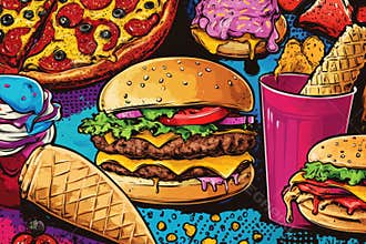 retro food illustrations, vibrant food illustrations depicting burgers, pizzas, and ice cream cones on a retro diner