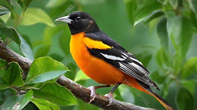 Baltimore Oriole. a baltimore oriole flits gracefully between branches. the bird showcases its orange and black feathers