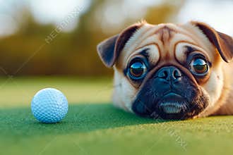 A pug dog laying on the ground next to a golf ball