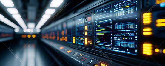 Advanced technology: glowing screens in futuristic server room displaying complex data analysis and big data processing