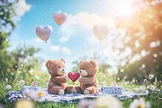 Two teddy bears holding a heart, enjoying valentine's day in a sunny meadow with heart shaped balloons and presents