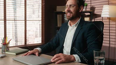Happy Caucasian middle-aged adult man business businessman male guy entrepreneur finish work online close laptop in