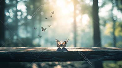 A near focus on a rustic, vacant wooden table, with a softly blurred butterfly set against a verdant garden.