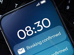 Booking Confirmation notification on mobile lock screen with keyboard in the backdrop. Online booking message notification