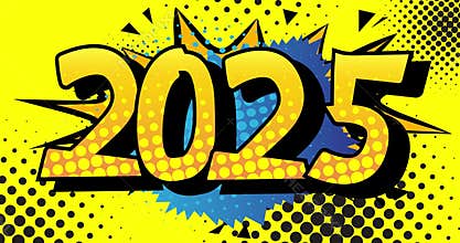 Cartoon Number 2025, comic book New Year Celebration video. Retro pop art design animation.