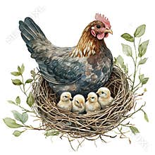 Watercolor Illustration of Hen with Chicks in Nest and Greenery