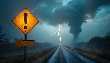 Severe weather alert. Yellow warning sign with exclamation mark points to dangerous weather conditions. Lightning strike over