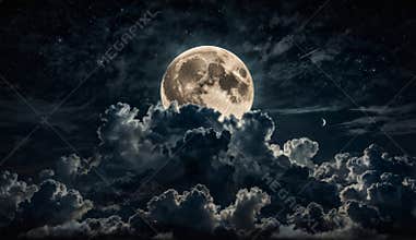 Full moon hiding behind dramatic clouds in starry night sky